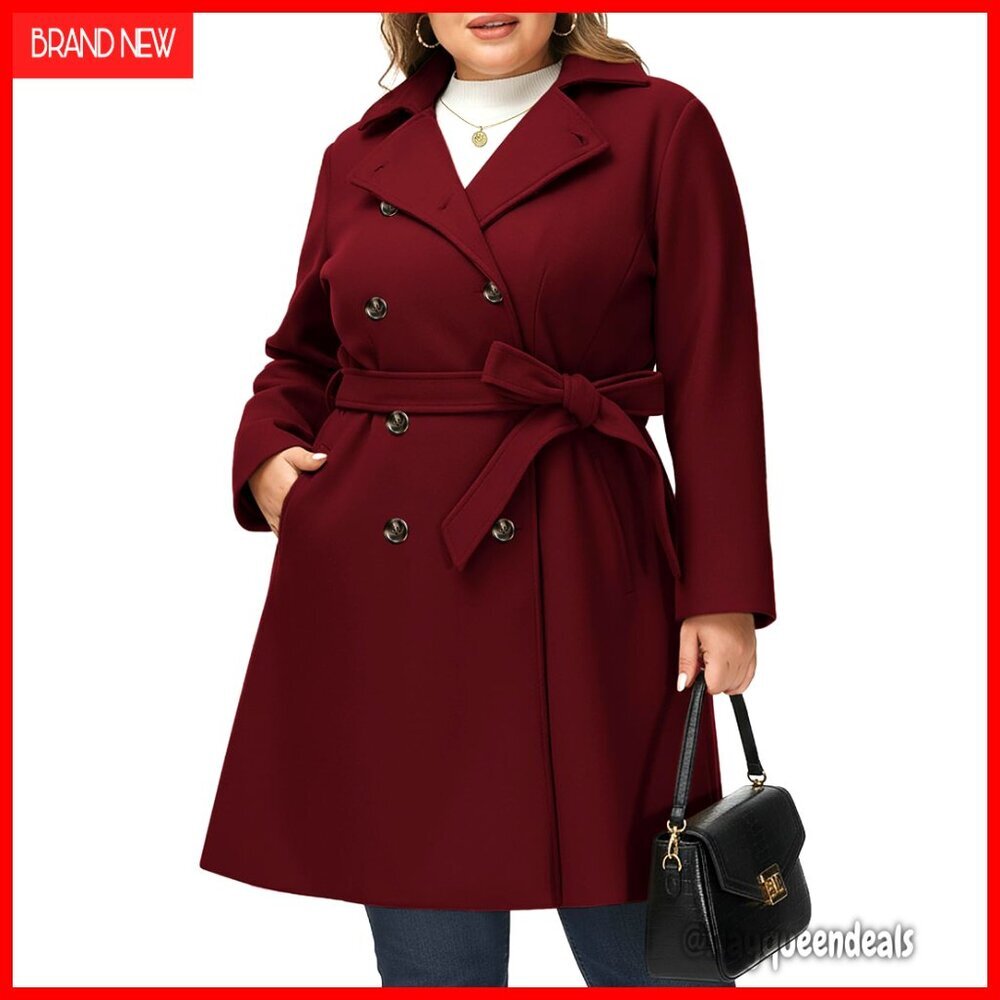 Plus Size Wool Pea Coat with Belt, Double Breasted, Notch Lapel, Winter